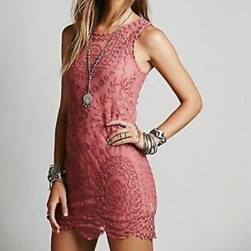Free People Embroidered Mesh Mini Dress in Red Rouge Sheer with Liner XS